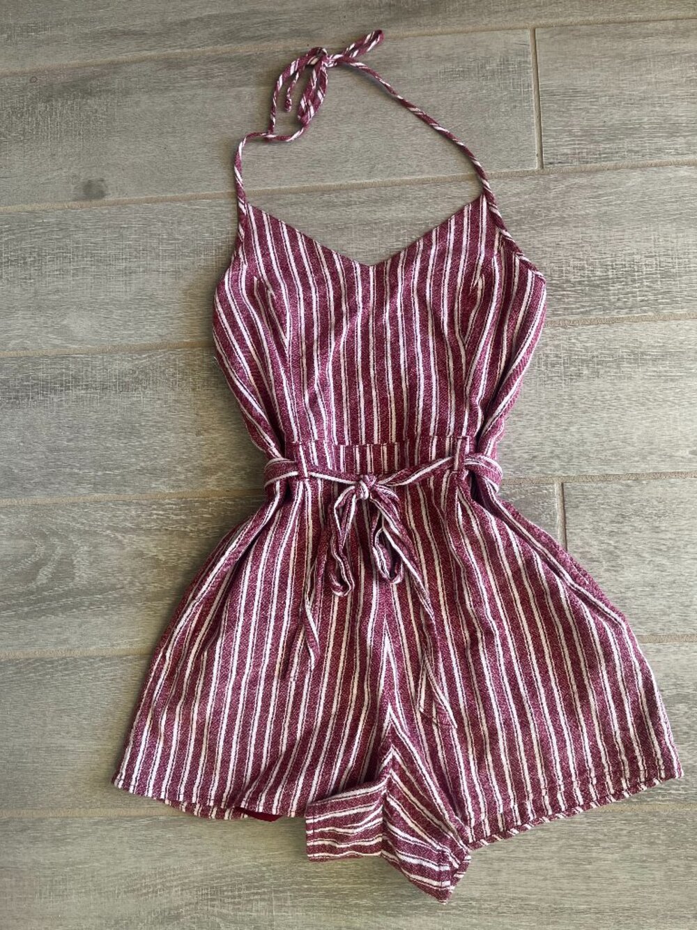 Hollister Burgundy Striped Halter Romper | Tie Waist Summer Playsuit